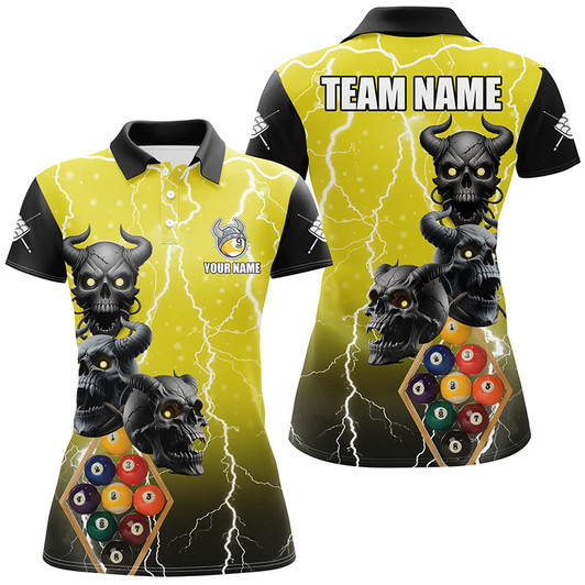 Customized Personalized Lightning Skull 9 Ball Pool Women Billiard Shirts, Funny Yellow 9 Ball Billiard Jerseys