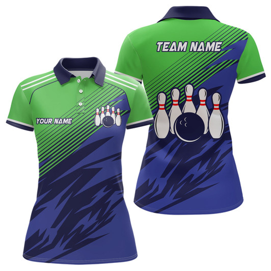 Custom Green And Blue Camo Bowling Polo, 1/4 Quarter Zip Shirts For Women, Custom Name Bowling Team Jerseys