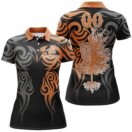 Custom Name And Number Black Orange Disc Golf Basket Tattoo Women Polo Shirts, Ladies Disc Golf Shirts