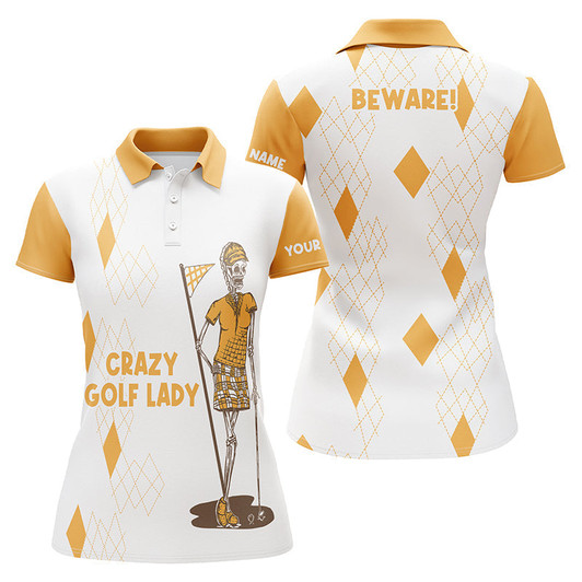 Custom Funny Womens Polo Shirt Custom Name Golf Skull Crazy Golf Lady Beware Womens Golf Tops | Yellow