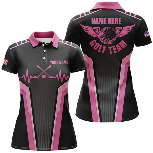 Customized Womens Golf Polo Shirts, Heartbeat Black And Pink Polo Shirts For Girls, Golfer Gifts