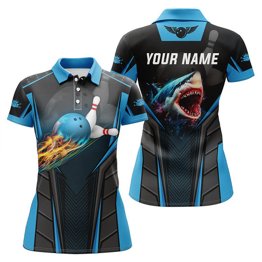 Custom Personalized 3d Bowling Shirts For Women Custom Shark Team Blue Bowling Ball Bowling Polo Shirts