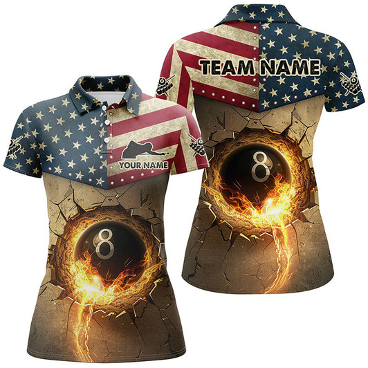 Custom Personalized Vintage US Flag 8 Ball Pool Burning Billiard Shirts For Women, Patriotic Billiard Jersey