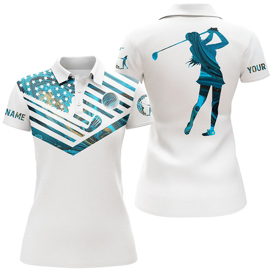 Custom Womens Golf Polo Shirt Blue Marble American Flag Custom Name White Golf