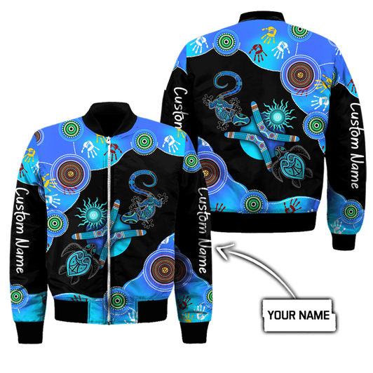 FUNSTUFFPRINT Custom name Aboriginal Naidoc Week Blue Turtle Lizard Bomber Jacket 3D Bomber Jacket S3BJ-10027
