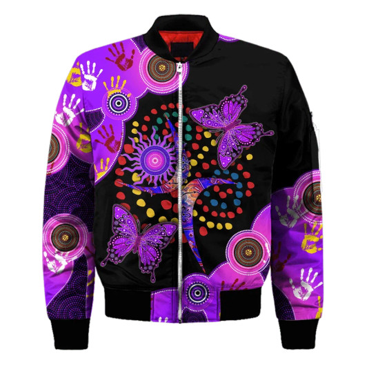 FUNSTUFFPRINT Aboriginal Naidoc Week 2021 Purple Butterflies Bomber Jacket For Men And Women 3D Bomber Jacket