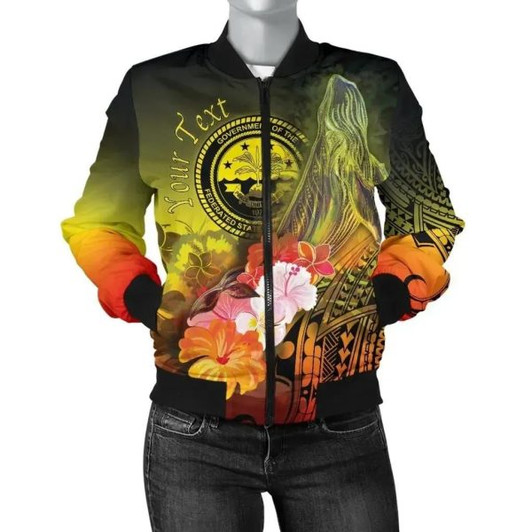 FUNSTUFFPRINT Bomber Jacket Federated States of Micronesia Custom Personalised – Humpback Whale with Tropical Flowers (Yellow) 3D Bomber Jacket