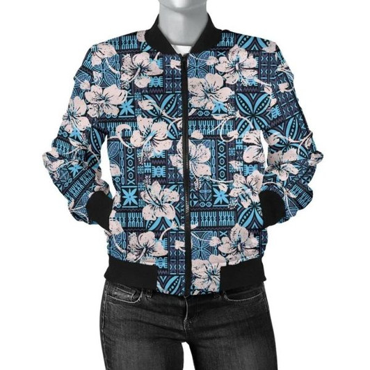 FUNSTUFFPRINT Bomber Jacket Fiji Tapa Hibiscus Blue 3D Bomber Jacket