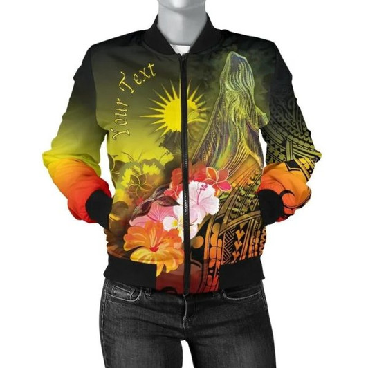FUNSTUFFPRINT Bomber Jacket Marshall Islands Custom Personalised – Humpback Whale with Tropical Flowers (Yellow) 3D Bomber Jacket