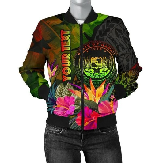 FUNSTUFFPRINT Bomber Jacket Polynesian Hawaii Polynesian Personalised – Hibiscus and Banana Leaves 3D Bomber Jacket