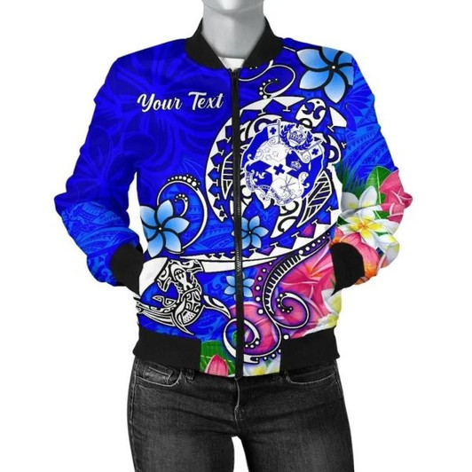 FUNSTUFFPRINT Bomber Jacket Tonga Custom Personalised – Turtle Plumeria (Blue) 3D Bomber Jacket