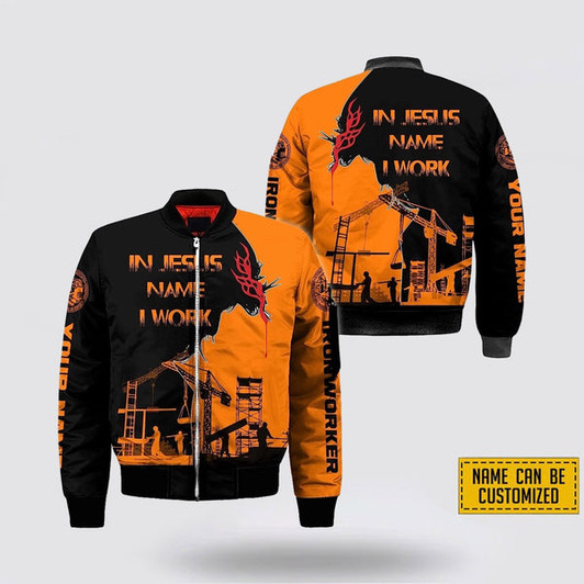 FUNSTUFFPRINT Personalized Ironworker In Jesus Name I Work Bomber Jacket For Men Women 3D Bomber Jacket