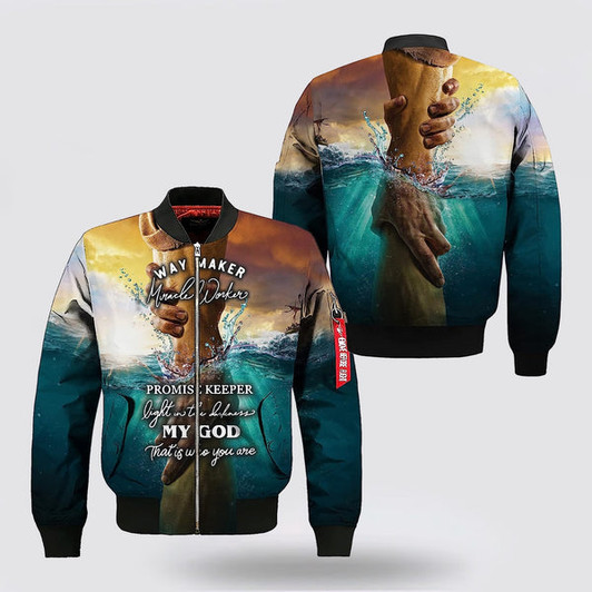 FUNSTUFFPRINT Hand Of God Way Maker Miracle Worker Bomber Jacket - Jesus Shirt for Men Women 3D Bomber Jacket