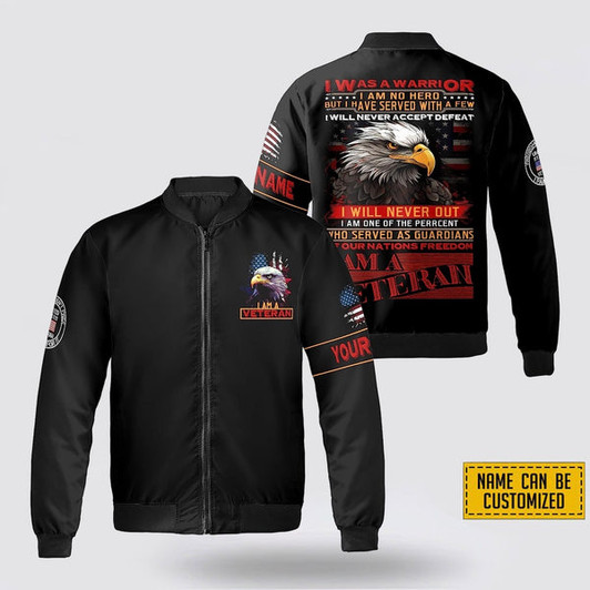 FUNSTUFFPRINT Custom Name I Am A Veteran I Will Never Accept Defeat Bomber Jacket 3D Bomber Jacket