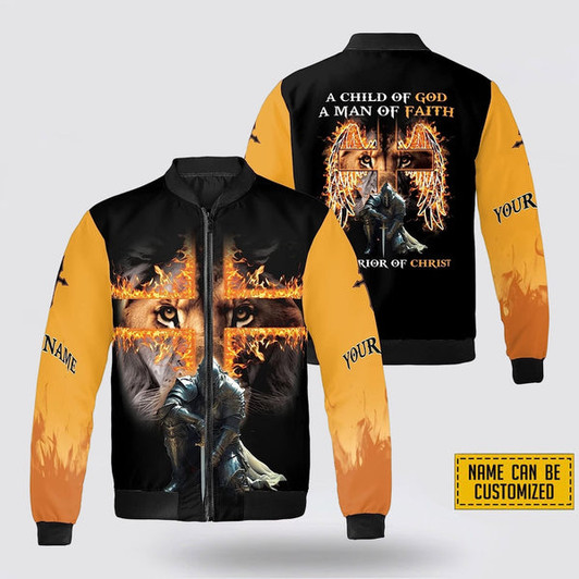 FUNSTUFFPRINT Custom Name A Child Of God A Man Of Faith A Warrior Of Christ Bomber Jacket For Men Women 3D Bomber Jacket
