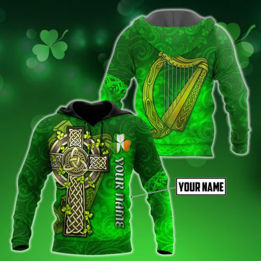 FUNSTUFFPRINT Custom Name Irish 3D All Over Hoodie St.Patrick Celtic Cross And The Irish Harp 3D Hoodie and Zip Hoodie