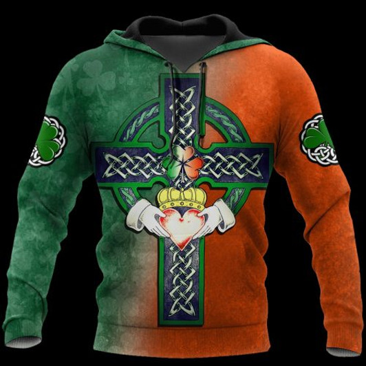 FUNSTUFFPRINT Irish St.Patrick Day 3D All Over Hoodie Irish Cross Claddagh 3D Hoodie and Zip Hoodie