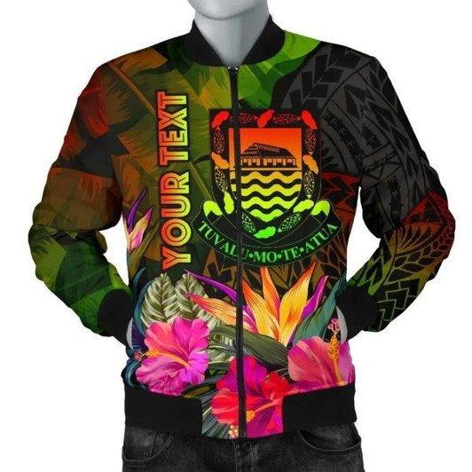 FUNSTUFFPRINT Bomber Jacket Tuvalu Polynesian Personalised – Hibiscus and Banana Leaves  3D Bomber Jacket