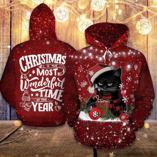 FUNSTUFFPRINT Christmas Black Cat Most Wonderful Time Of The Year 3D Hoodie and Zip Hoodie