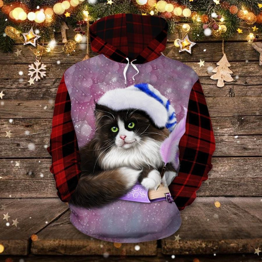 FUNSTUFFPRINT Tuxedo Cat Book Feather Plaid   3D Hoodie and Zip Hoodie