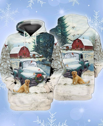FUNSTUFFPRINT Christmas Farm Blue Truck With Red Barn And Retriever Dog  3D Hoodie and Zip Hoodie