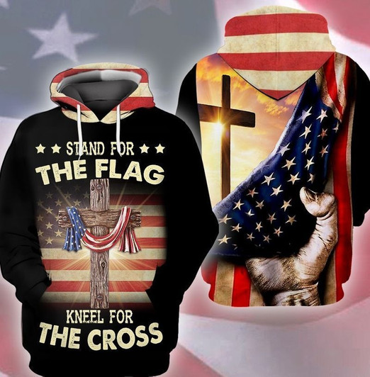 FUNSTUFFPRINT 4th Of July Independence America Stand The Flag Kneel For The Cross   3D Hoodie and Zip Hoodie