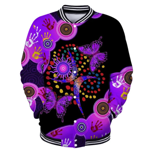 FUNSTUFFPRINT Aboriginal Naidoc Week 2021 Purple Butterflies Baseball Jacket For Men And Women 3D Baseball Jacket S3VJ-10073