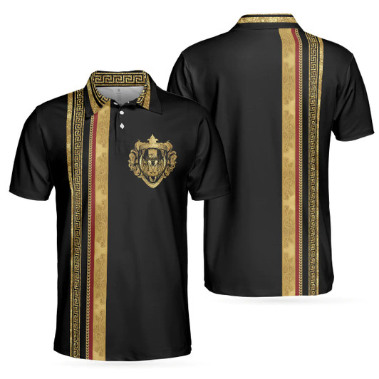 Men Polo Shirt - Luxury Baroque Pattern Golf Polo Shirt - Golden Greek Key Pattern Polo Shirt, Best Golf Shirt For Men