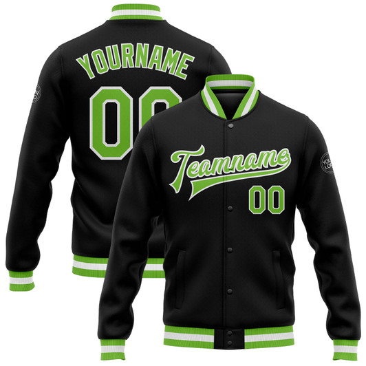 FUNSTUFFPRINT Custom Black Neon Green-White Bomber Full-Snap Varsity Letterman Jacket 3D Baseball Jacket