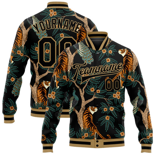 FUNSTUFFPRINT Custom Black Black-Old Gold Tiger And Peacock 3D Pattern Design Bomber Full-Snap Varsity Letterman Jacket 3D Baseball Jacket