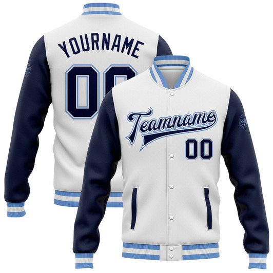 FUNSTUFFPRINT Custom White Navy-Light Blue Bomber Full-Snap Varsity Letterman Two Tone Jacket 3D Baseball Jacket