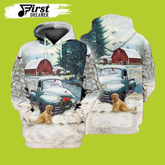 FUNSTUFFPRINT Christmas Farm Blue Truck With Red Barn And Retriever Dog Christmas  3D Hoodie and Zip Hoodie