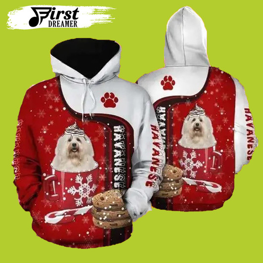 FUNSTUFFPRINT Christmas Havanese Red And White Dog Christmas  3D Hoodie and Zip Hoodie