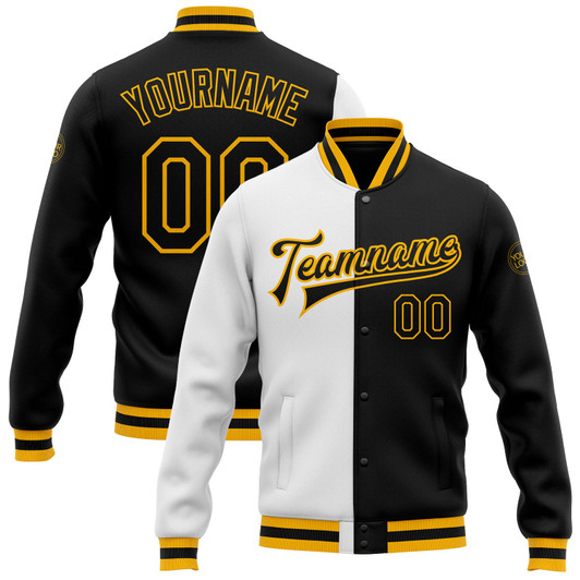FUNSTUFFPRINT Custom White Black-Gold Bomber Full-Snap Varsity Letterman Split Fashion Jacket 3D Baseball Jacket