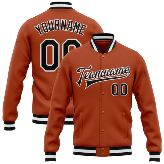 FUNSTUFFPRINT Custom Texas Orange Black-White Bomber Full-Snap Varsity Letterman Jacket 3D Baseball Jacket