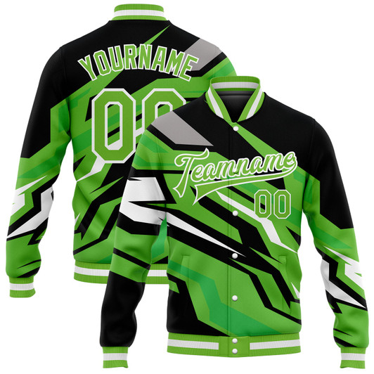 FUNSTUFFPRINT Custom Neon Green Neon Green Black-Gray 3D Pattern Design Bomber Full-Snap Varsity Letterman Jacket 3D Baseball Jacket