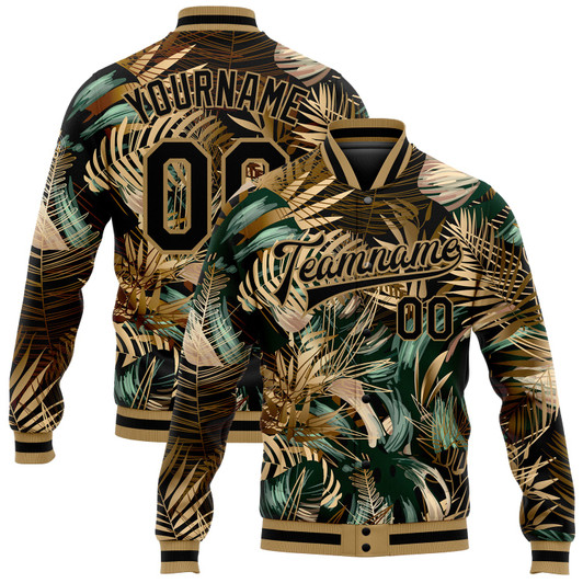 FUNSTUFFPRINT Custom Black Black-Old Gold Hawaii Palm Trees 3D Bomber Full-Snap Varsity Letterman Jacket 3D Baseball Jacket