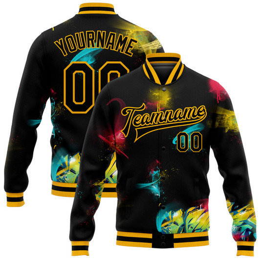 FUNSTUFFPRINT Custom Graffiti Pattern Black-Gold 3D Bomber Full-Snap Varsity Letterman Jacket 3D Baseball Jacket