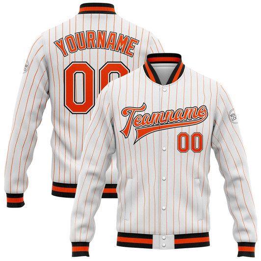 FUNSTUFFPRINT Custom White Orange Pinstripe Orange-Black Bomber Full-Snap Varsity Letterman Jacket 3D Baseball Jacket