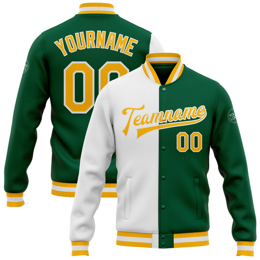 FUNSTUFFPRINT Custom Kelly Green Gold-White Bomber Full-Snap Varsity Letterman Split Fashion Jacket 3D Baseball Jacket