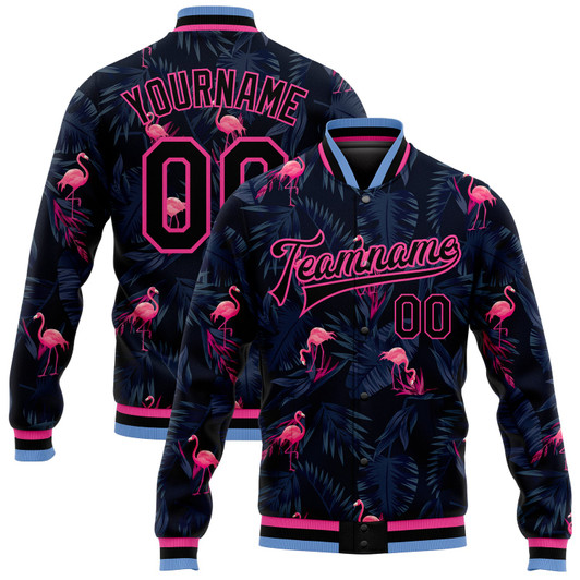 FUNSTUFFPRINT Custom Black Black Pink-Light Blue Hawaii Palm Trees And Flamingo 3D Bomber Full-Snap Varsity Letterman Jacket 3D Baseball Jacket