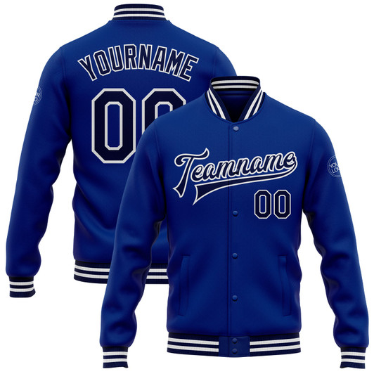 FUNSTUFFPRINT Custom Royal Navy-White Bomber Full-Snap Varsity Letterman Jacket 3D Baseball Jacket