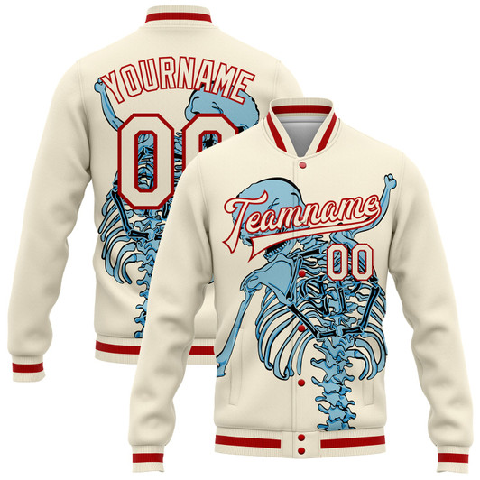 FUNSTUFFPRINT Custom Cream Red Skull Fashion 3D Bomber Full-Snap Varsity Letterman Jacket 3D Baseball Jacket