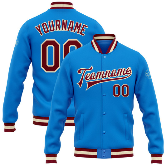 FUNSTUFFPRINT Custom Powder Blue Maroon-Cream Bomber Full-Snap Varsity Letterman Jacket 3D Baseball Jacket