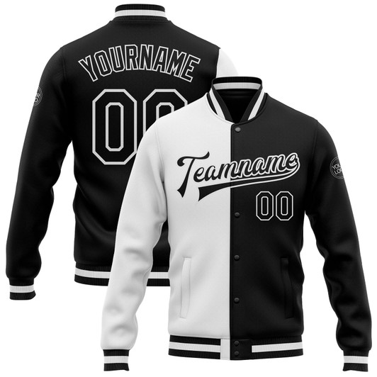 FUNSTUFFPRINT Custom White Black Bomber Full-Snap Varsity Letterman Split Fashion Jacket 3D Baseball Jacket