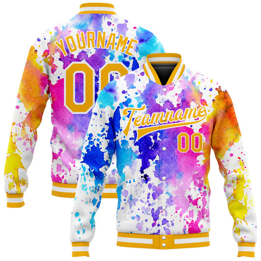 FUNSTUFFPRINT Custom Tie Dye Gold-White Rainbow 3D Bomber Full-Snap Varsity Letterman Jacket 3D Baseball Jacket