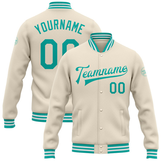 FUNSTUFFPRINT Custom Cream Aqua-White Bomber Full-Snap Varsity Letterman Jacket 3D Baseball Jacket