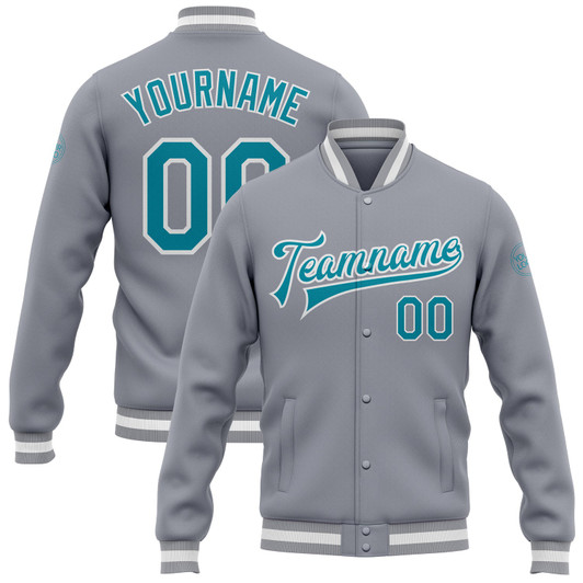 FUNSTUFFPRINT Custom Gray Teal-White Bomber Full-Snap Varsity Letterman Jacket 3D Baseball Jacket