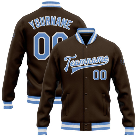 FUNSTUFFPRINT Custom Brown Light Blue-White Bomber Full-Snap Varsity Letterman Jacket 3D Baseball Jacket