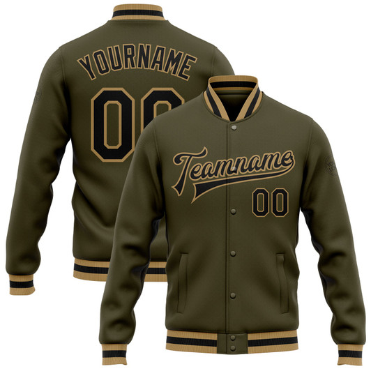 FUNSTUFFPRINT Custom Olive Black-Old Gold Bomber Full-Snap Varsity Letterman Salute To Service Jacket 3D Baseball Jacket